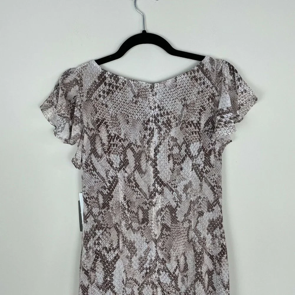 Vince Camuto Womens Printed Chiffon Midi Dress 8 Ruffle Flutter Sleeve Snakeskin